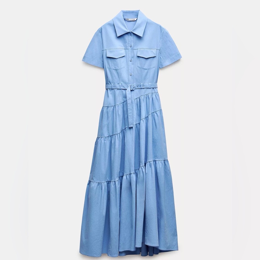Zara Belted Blue Tiered Maxi Dress ZW collection